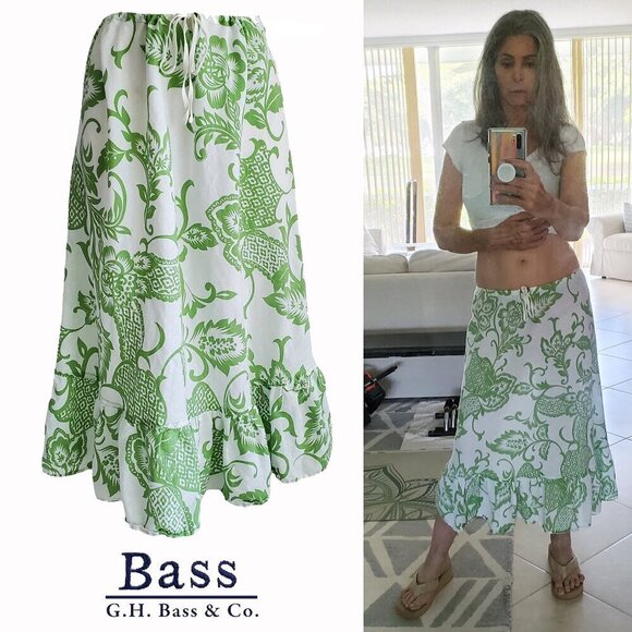 Bass Cotton & Linen Boho White & Green Floral Midi / Maxi Skirt 38” waist - S/M - Picture 1 of 14